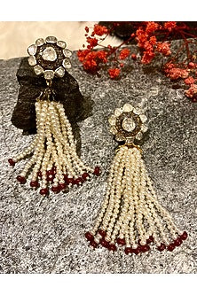 Two-Tone Finish Pearl & Ruby Dangler Earrings In Sterling Silver