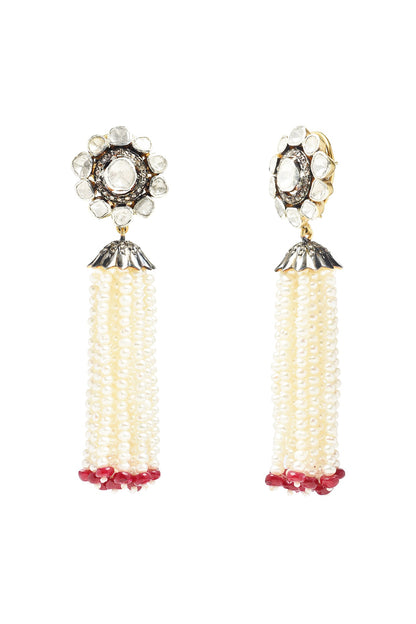 Two-Tone Finish Pearl & Ruby Dangler Earrings In Sterling Silver