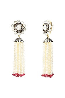 Two-Tone Finish Pearl & Ruby Dangler Earrings In Sterling Silver