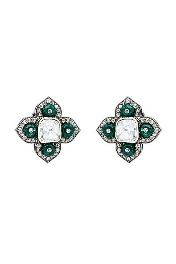 Black Rhodium Finish Polki & Emerald Dangler Earrings In Sterling Silver