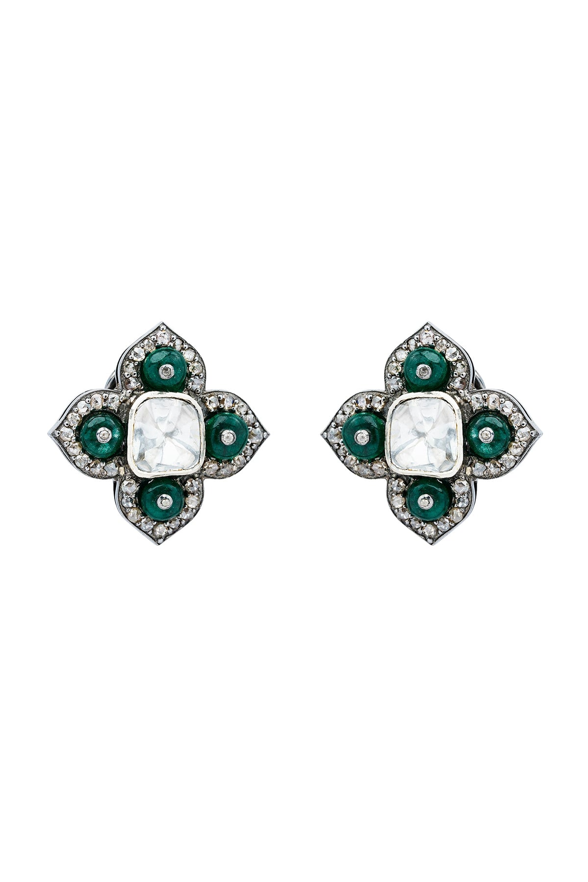 Black Rhodium Finish Polki & Emerald Dangler Earrings In Sterling Silver