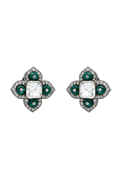 Black Rhodium Finish Polki & Emerald Dangler Earrings In Sterling Silver