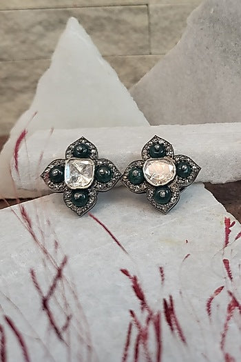 Black Rhodium Finish Polki & Emerald Dangler Earrings In Sterling Silver