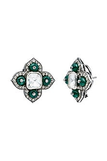 Black Rhodium Finish Polki & Emerald Dangler Earrings In Sterling Silver