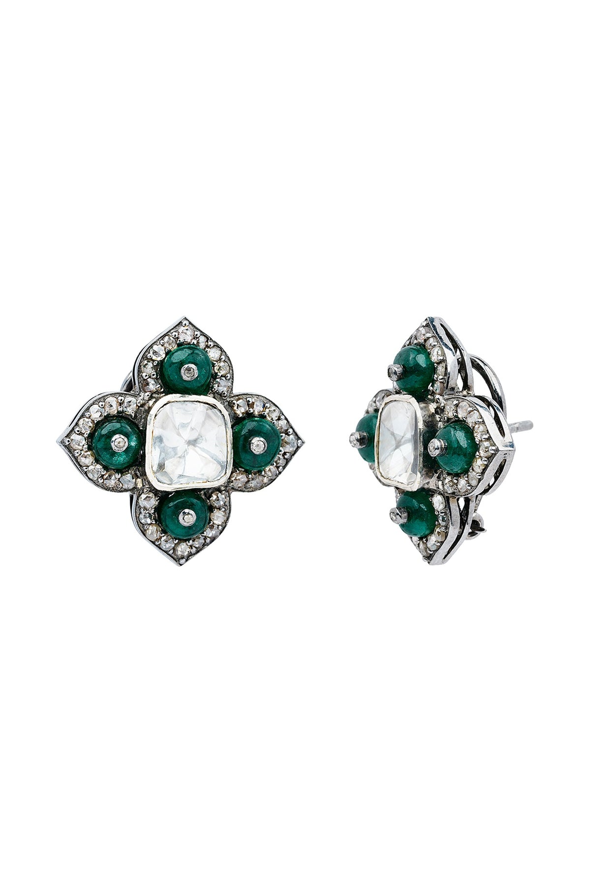Black Rhodium Finish Polki & Emerald Dangler Earrings In Sterling Silver