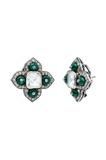 Black Rhodium Finish Polki & Emerald Dangler Earrings In Sterling Silver