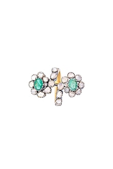 Two-Tone Finish Emerald & Uncut Diamond Ring In Sterling Silver