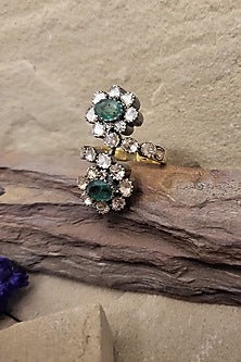 Two-Tone Finish Emerald & Uncut Diamond Ring In Sterling Silver