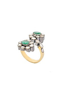 Two-Tone Finish Emerald & Uncut Diamond Ring In Sterling Silver