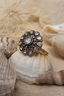 Two-Tone Finish Polki & Uncut Diamond Ring In Sterling Silver