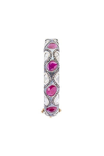 Two-Tone Finish Ruby & Uncut Diamond Bangle In Sterling Silver