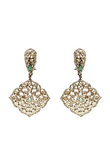 Silver Finish Emerald & Uncut Diamond Dangler Earrings In Sterling Silver