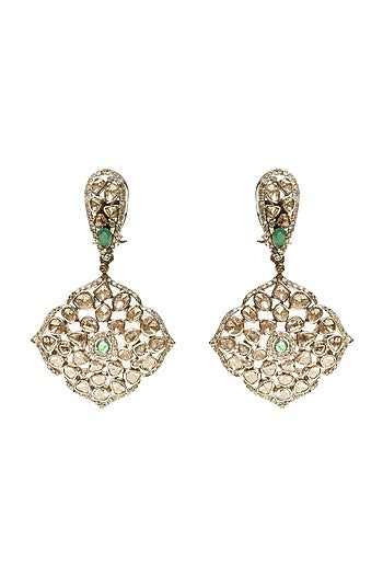 Silver Finish Emerald & Uncut Diamond Dangler Earrings In Sterling Silver