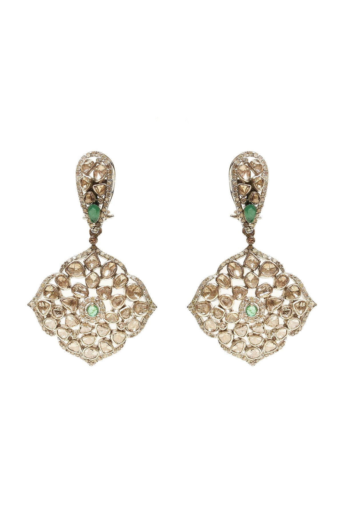 Silver Finish Emerald & Uncut Diamond Dangler Earrings In Sterling Silver