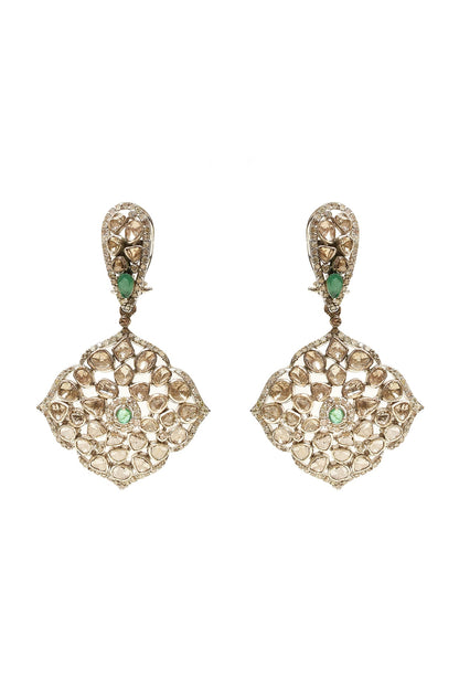 Silver Finish Emerald & Uncut Diamond Dangler Earrings In Sterling Silver