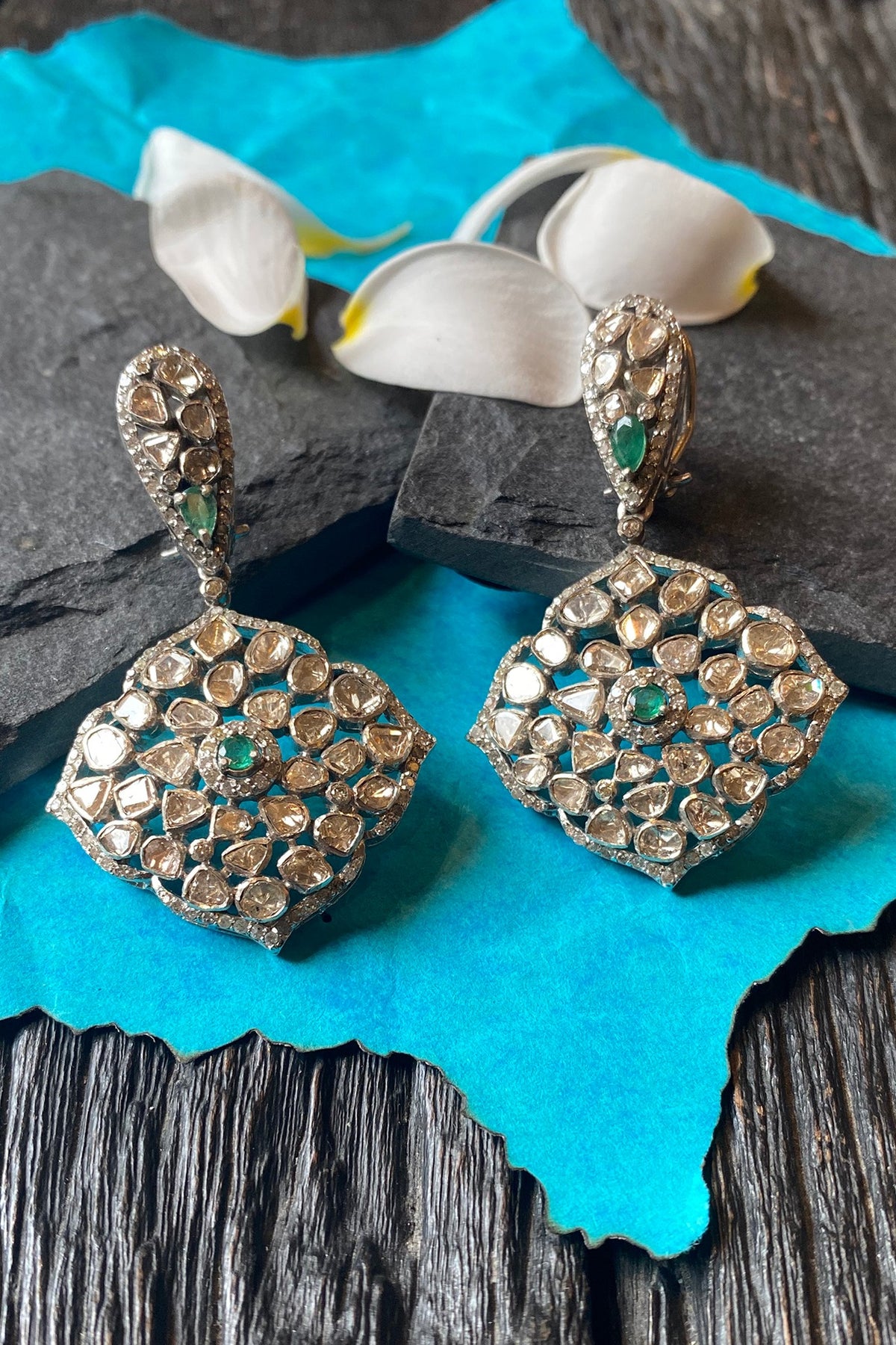 Silver Finish Emerald & Uncut Diamond Dangler Earrings In Sterling Silver