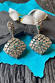 Silver Finish Emerald & Uncut Diamond Dangler Earrings In Sterling Silver