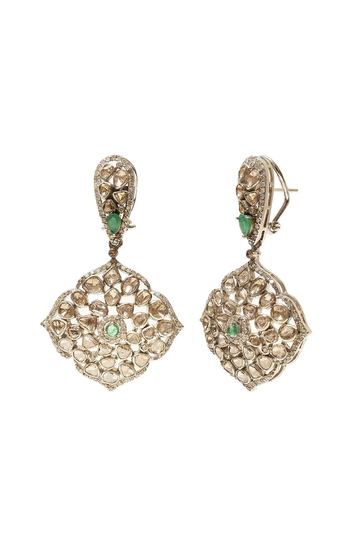 Silver Finish Emerald & Uncut Diamond Dangler Earrings In Sterling Silver