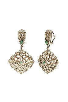 Silver Finish Emerald & Uncut Diamond Dangler Earrings In Sterling Silver