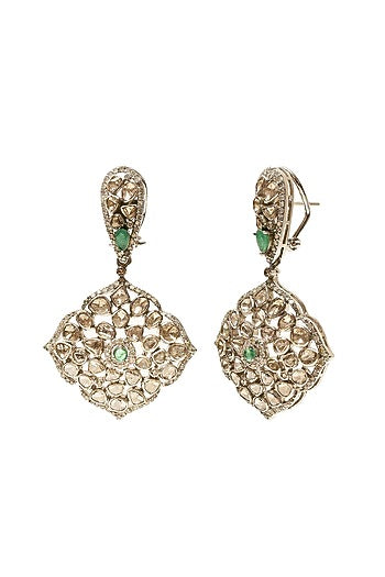 Silver Finish Emerald & Uncut Diamond Dangler Earrings In Sterling Silver