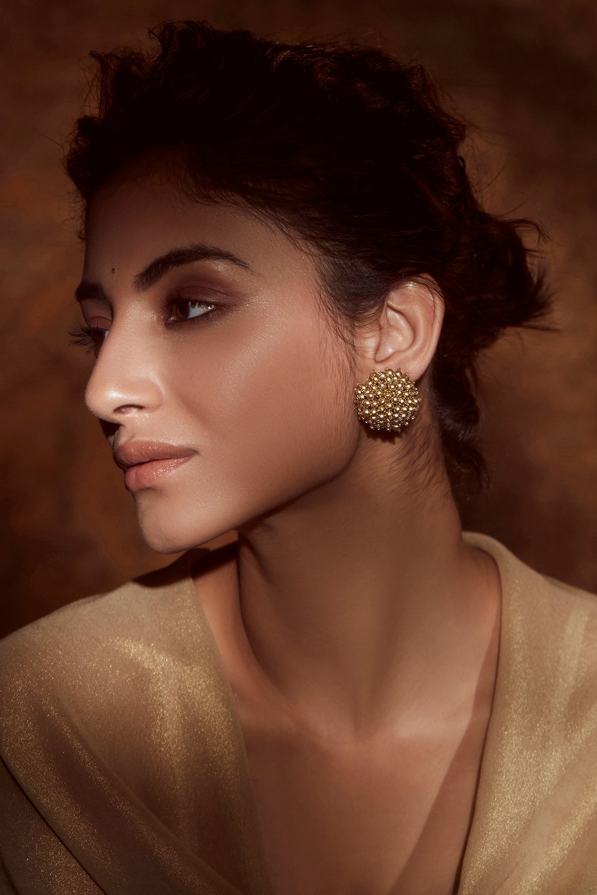 Gold Finish Pearl Dome Stud Earrings In Sterling Silver