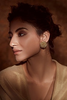Gold Finish Pearl Dome Stud Earrings In Sterling Silver