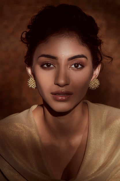 Gold Finish Pearl Dome Stud Earrings In Sterling Silver