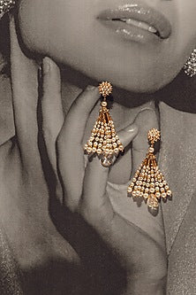 Gold Finish Pearl & Citrine Drop Tassel Earrings In Sterling Silver