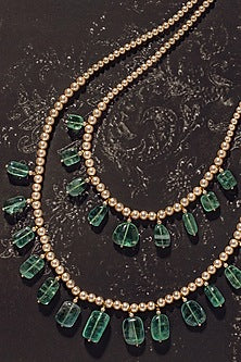 Gold Finish Pearl & Green Pebble Drop Layered Necklace In Sterling Silver