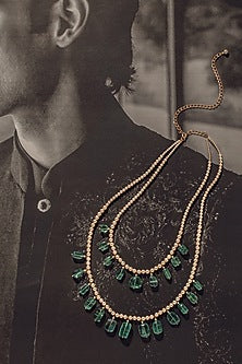 Gold Finish Pearl & Green Pebble Drop Layered Necklace In Sterling Silver