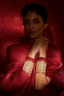 Gold Plated Glass Stone Long Kada In Sterling Silver