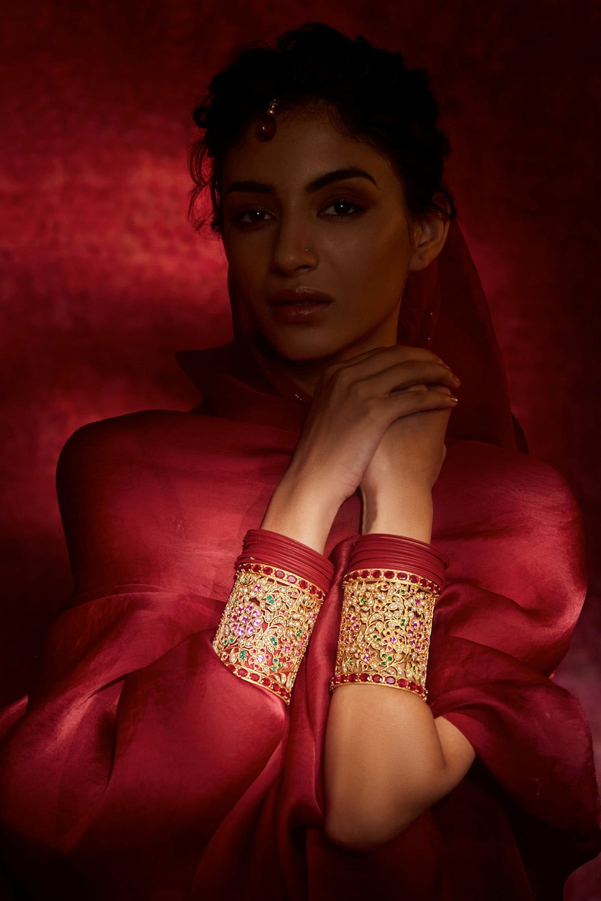 Gold Plated Glass Stone Long Kada In Sterling Silver