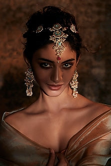 Gold Plated Glass Stone Mathapatti In Sterling Silver