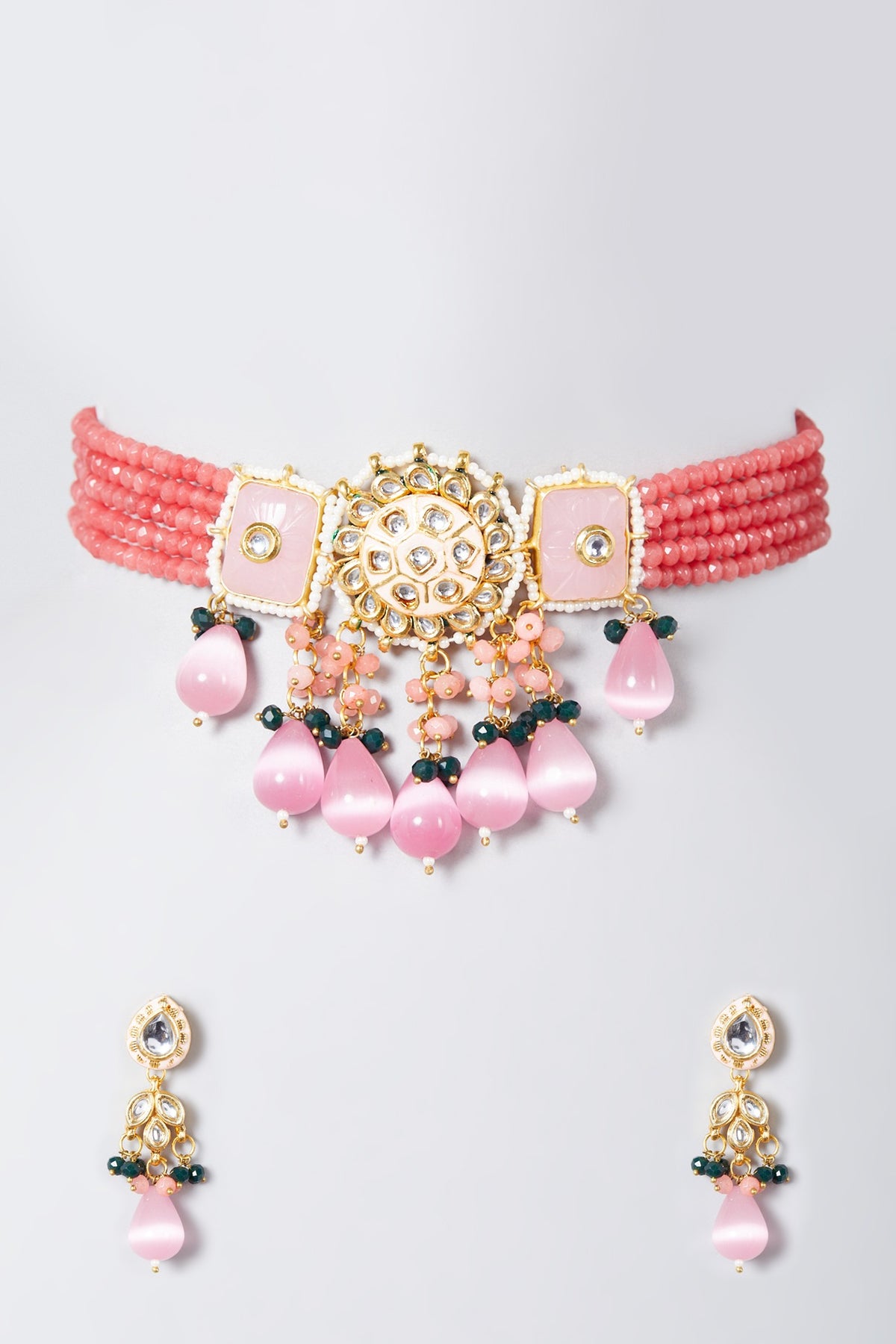 Gold Finish Pink Beaded Choker Necklace Set