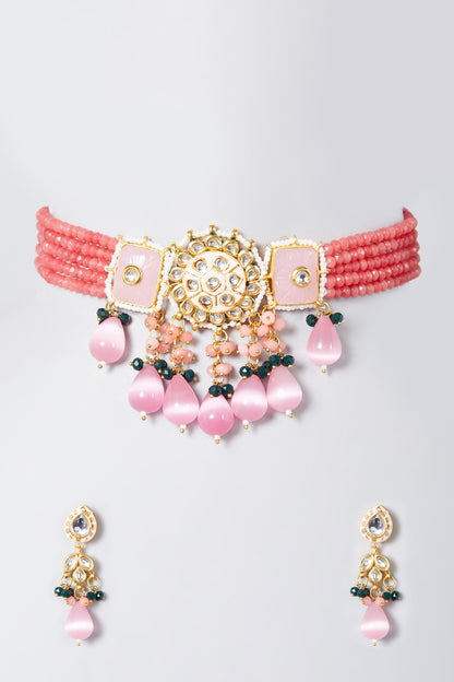 Gold Finish Pink Beaded Choker Necklace Set