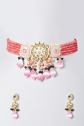 Gold Finish Pink Beaded Choker Necklace Set