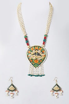 Gold Finish White Beaded Long Necklace Set