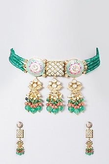 Gold Finish Green Beaded Long Necklace Set