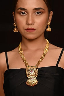 Gold Finish Long Necklace In Mixed Metal