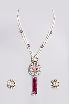 Gold Finish Pearl Embellished Long Necklace Set