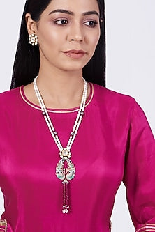 Gold Finish Pearl Embellished Long Necklace Set