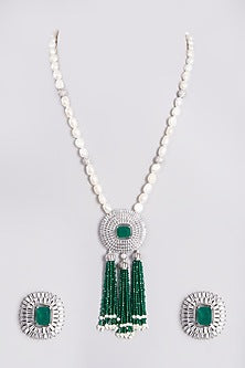 White Finish Pearl Long Necklace Set