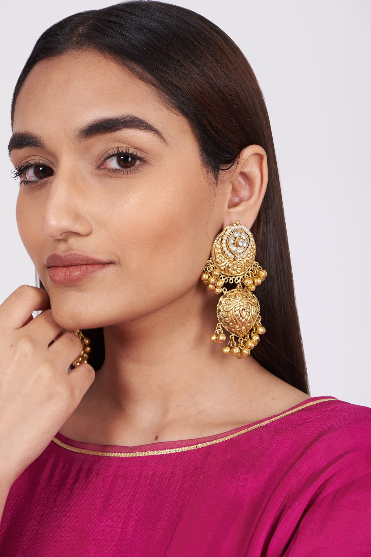 Gold Finish Handcrafted Earrings With Semi Precious Stone