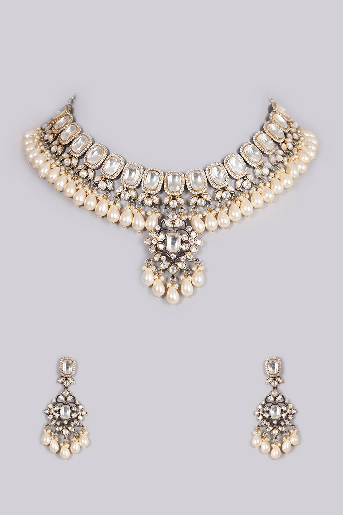 Gold Finish Kundan Polki Handcrafted Choker Necklace Set