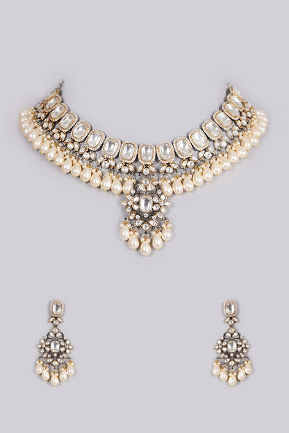 Gold Finish Kundan Polki Handcrafted Choker Necklace Set