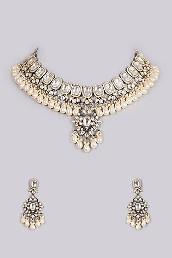 Gold Finish Kundan Polki Handcrafted Choker Necklace Set
