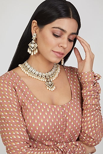 Gold Finish Kundan Polki Handcrafted Choker Necklace Set