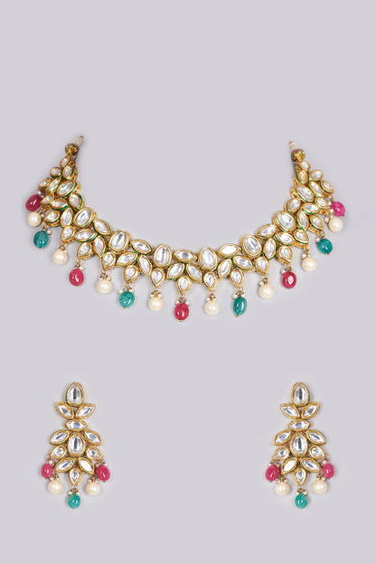 Gold Finish Navratna Handcrafted Choker Necklace Set