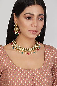 Gold Finish Navratna Handcrafted Choker Necklace Set