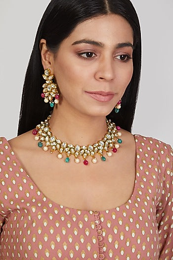 Gold Finish Navratna Handcrafted Choker Necklace Set